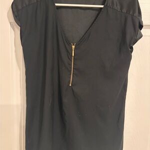 Black V-Neck Top with Gold Zipper